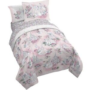 Kids' Pink Princess Comforter Set with Castle & Floral Motifs